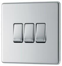 Image of GoodHome Polished Chrome 20A 2 way 3 gang Light Screwless Flat Plate Switch