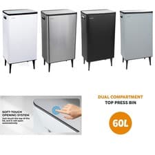 Image of Kitchen Rubbish Recycling Press Top Bin 60L Dual 2 Waste Compartment - Large