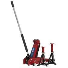 Image of Sealey Trolley Jack 3 Tonne Standard Chassis with Axle Stands (Pair) 3 Tonne Cap