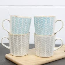 Image of Set of 4 Blue Brown Stoneware Reactive Glaze Mugs Leaf Leaves Design Coffee Cup