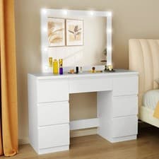 Image of Vanity Makeup Desk Dressing Table with Led Lights Large Mirror 7 Drawers White