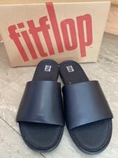 Image of Fitflop UK 4 Gracie Leather Pool Slides Slip On Flats Sandals All Black 