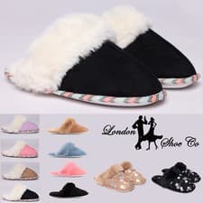 Image of Ladies FUR LINED Slippers Size 3 to 8 UK WOMENS SLIP ON FAUX SUEDE MULE SLIPPER