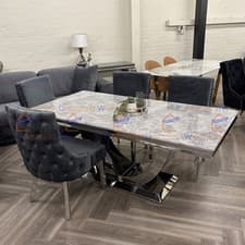 Image of 180x90cm Arial Light Grey Marble Dining Table U Shape and 6 Buttoned Chairs Set