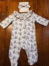 Image of Nicole Miller Sleeper Baby 0-3M Quilted Ruffled 2 piece w/ Cute Headband