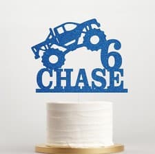 Image of Personalised Monster Truck Glitter Cake Topper, Any Name & Age, Party Decoration