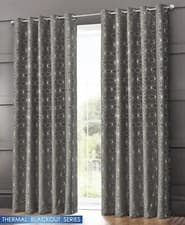 Image of 3 Pass Thermal Blackout Readymade Eyelet Curtains Geometric Foil Print Silver
