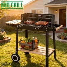 Image of Rectangular Charcoal BBQ Grill Barbecue with Side Table, Storage Shelf, Wheels