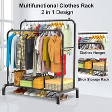 Image of Heavy Duty Metal Double Rail Clothes Garment Hanging Rack Shelf Display Stand Oi