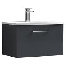 Image of Nuie Arno Satin Soft Black 600mm Wall Hung Single Drawer Vanity Unit and Curved