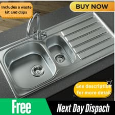 Image of Stainless Steel Kitchen Sink 1.5 Bowl LH Drainer Modern Inset Strainer Waste