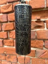 Image of Patterned Brass Cylinder Bell with Tree of Life Motif Ringer and Rope Hanging