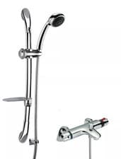 Image of Thermostatic Bath Shower Mixer Tap & Luxury Curved Slide Rail Kit Bundle - Chrom