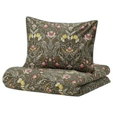 Image of Ikea KARRDUNORT Twin Duvet cover and pillowcase dark green/multicolor - NEW