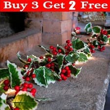 Image of 2M Holly Leaves Decor Christmas Garland Fake Red Berries Artificial Greenery Hot
