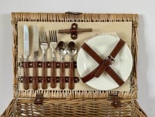 Image of Vintage Wicker Picnic Basket Hamper Set For  Two