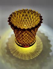 Image of Vintage Amber Diamond Point Glass Candle Holder Inserts Pair Mid Century Modern 