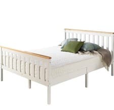 Image of Pine Wooden 4FT Small Double Bed Frame Slatted Bedframe White Wood & Natural Top