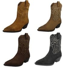 Image of Ladies Spot On Stud Detailed Small Heel Zip Ankle Cowboy Boots "F5R1257"