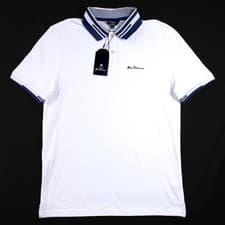 Image of Ben Sherman Polo Shirt Mens M White Stripe Collar Pique Short Sleeve $79 NEW