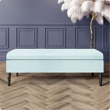 Image of Safar Plain Upholstered Storage Bench with Wooden Legs, Velvet Ottoman Footstool