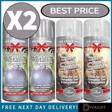 Image of 2 x SILVER GLITTER SPRAY PAINT 200ML FOR CHRISTMAS XMAS TREES CRAFT METALLIC NEW