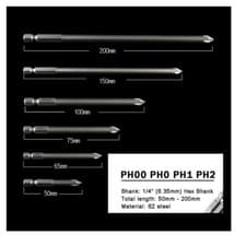 Image of Cross Head Phillips PH1 PH2 Screwdriver Bits 1/4" Driver 50, 75, 100, 150, 200mm