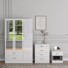 Image of 3 Piece High Gloss Bedroom Furniture Bedside Table Wardrobe Set Chest of Drawer