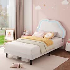 Image of 3ft Single Bed Soft Velvet Upholstered Bed Frame With LED Cloud Shaped Headboard