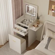 Image of Modern Dressing Table Set with LED Mirror Vanity Makeup Desk Side Panel 2 Drawer
