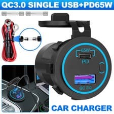 Image of Dual QC 3.0 USB + PD Type-C Fast Car Charger Socket Adapter Power Outlet 12V 65W