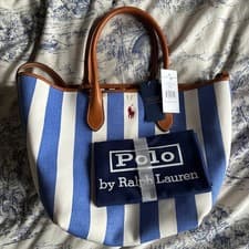 Image of BNWT Ralph Lauren Polo REVERSIBLE Bellport Tote Bag Leather Blue White Stripe