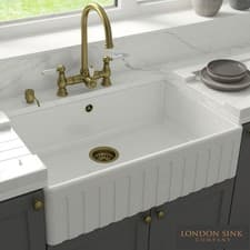 Image of LSC Fluted Butler 795 1.0 Bowl White Ceramic Kitchen Sink with Bronze Waste