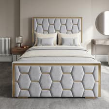 Image of Designer Bed Elegant Plush Velvet Fabric Gold Trim Diamond Tufted Frame - UK