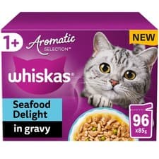 Image of 96 x 85g Whiskas 1+ Adult Cat Food Pouches Aromatic Seafood Delight in Gravy