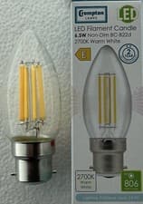 Image of Crompton LED Candle 6.5W Filament Clear = 60 Watt 2700K  BC B22  non dim 12769