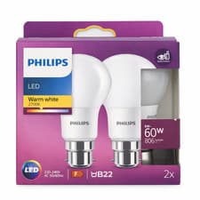 Image of Philips LED B22 Bayonet Bulbs 8W 60W Eq Warm White 2700K 806lm 2 Pack