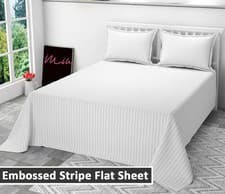 Image of Luxury Top Hotel Quality Cotton Satin Stripe Flat Fitted Sheet White Bedding Set