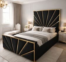Image of Rise Designer Bed with Tall Headboard– Upholstered Fabric Bed Frame Modern Style
