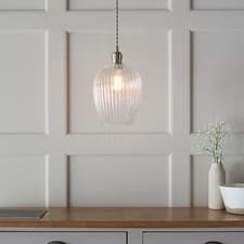 Image of Hanging Ceiling Pendant Light Bright Nickel Plate & Clear Ribbed Glass 10W E27