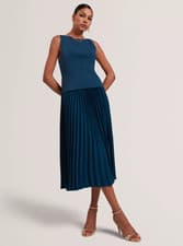 Image of Ted Baker Leeyama Sleeveless Knit Top Pleat Skirt Midi Dress, Blue SIZE 10