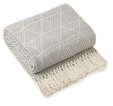 Image of 100% Cotton Throw Silver Grey Luxury Geo Fringe Tassel Sofa Bed Chair Blanket