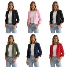 Image of Women's Ruched Sleeve Blazer Tailored Open Front Jacket Smart Casual Work Office