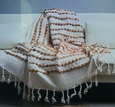 Image of Chunky Knit Detail Tasseled Throw / Blanket 127x152 cm Bedspread Beige * NEW