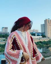 Image of Crochet Granny Square Cardigan with Bandana, Boho Chunky Knit