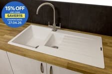 Image of Reginox Harlem15 Kitchen Sink 1.5 Bowl Sink Pure White Granite Reversible Waste