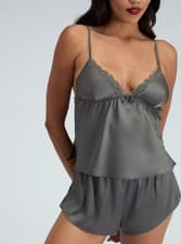 Image of Boux Avenue Cami Set Kaya Women's Satin Short Pyjamas Floral Lace Nightwear