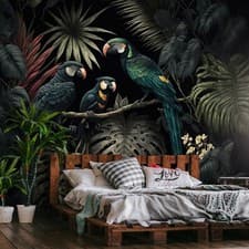 Image of PARROTS JUNGLE LEAVES Wallpaper Wall Photo Mural Modern Bedroom Living Room