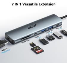 Image of acer USB C Hub, 7IN1 USB-C to 4K HDMI, 2×USB 3.0, 1×USBC 5Gbps, 0.68ft, Gray