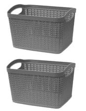 Image of 2 x 6.6L Loop Effect Grey Rectangle Plastic Storage Basket 26cm x 17cm x 20cm